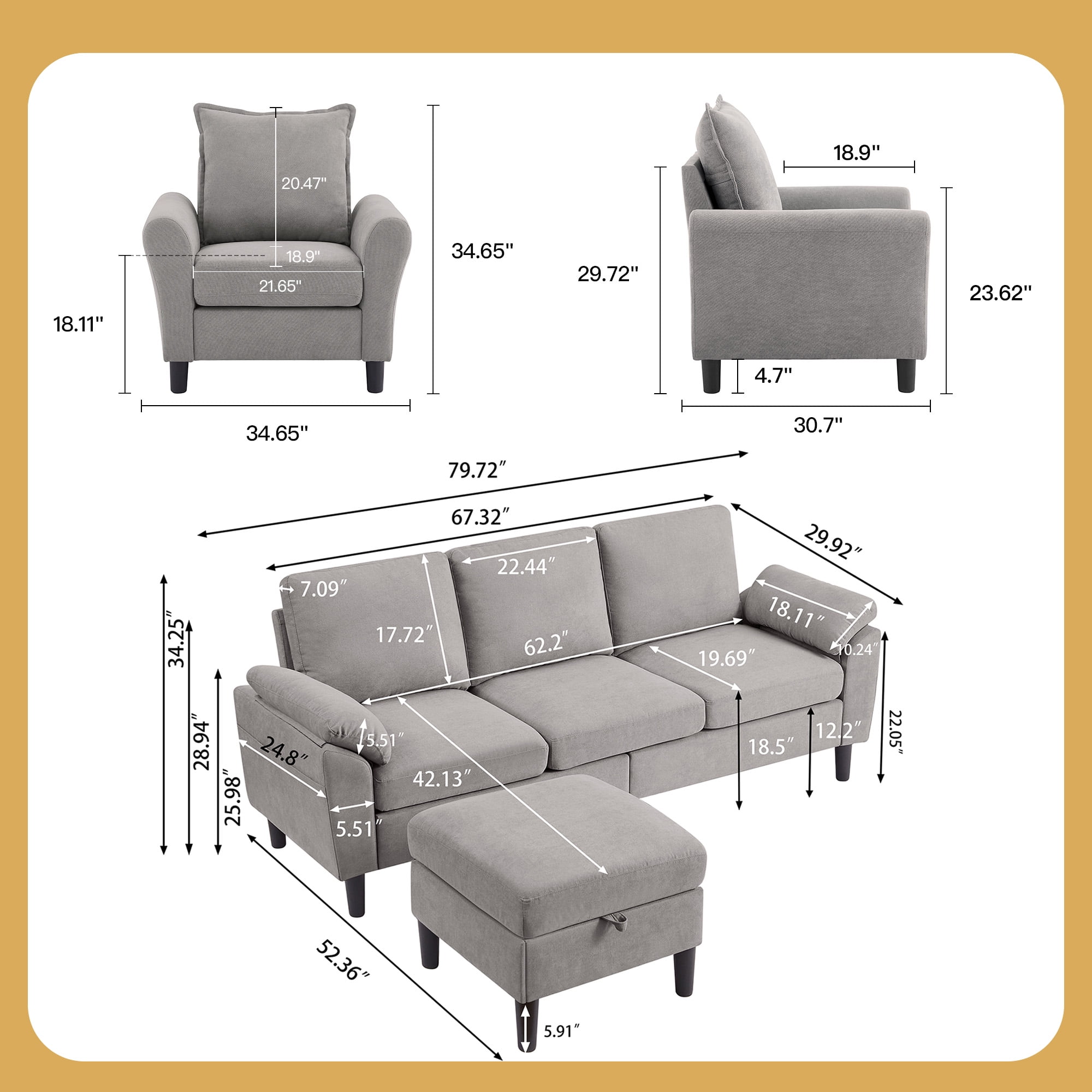 79" Convertible Sectional Sofa Set, Modern Linen Small L Shaped Couch with Reversible Chaise and Loveseat Sofa, 3-Seat Sofa Couches for Living Room, Office, Apartment, Lightgrey