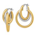thumbnail image 2 of 14k Yellow and White Gold Two Tone and Textured Tri-Tube Hoop Earrings - 30mm x 25mm, 2 of 4