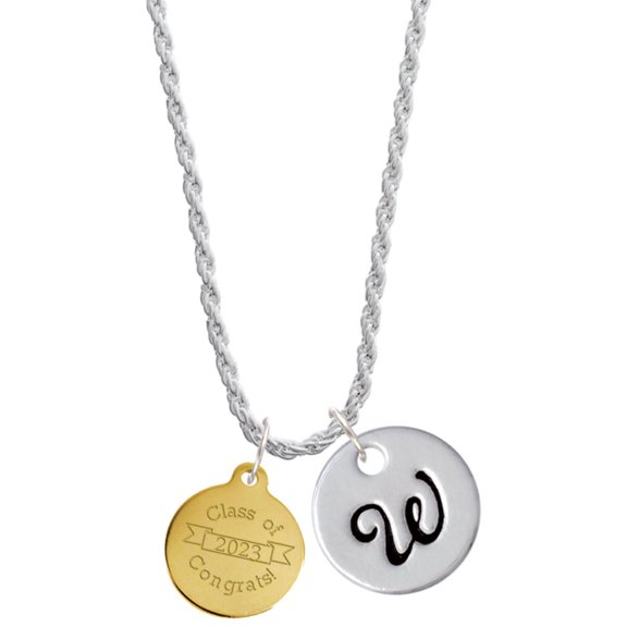 Delight Jewelry Goldtone Engraved Class of 2023 Silvertone Script Initial Disc - W - Charm Necklace, 20"+3"