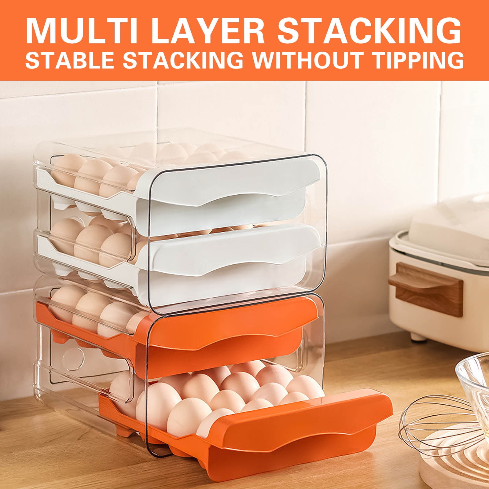 ROLKFUK 32-Compartment Egg Storage Container, Food-Grade PET Fridge Organizer, Double-Layer Kitchen Drawer for Eggs (Orange)