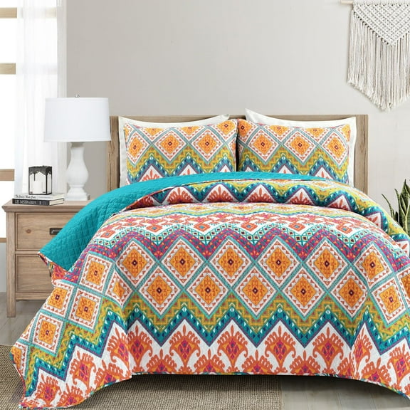 Lush Decor Boho Chevron Cotton Reversible Quilt, Full/Queen, Turquoise/Multi, 3-Pc Set