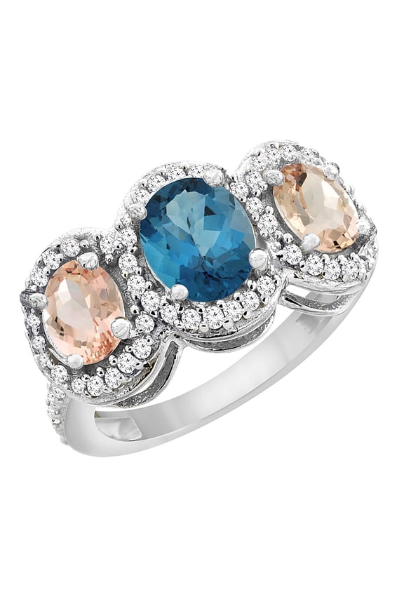 14K White Gold Natural London Blue Topaz & Morganite 3-Stone Ring Oval Diamond Accent, size 8