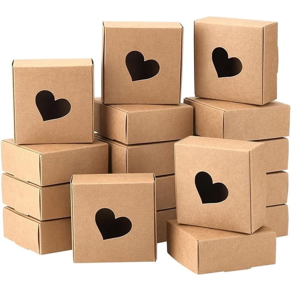 20 Packs 3.4x3.4x1.4 Inches Kraft Paper Boxes with Heart Hole Paper Gift Box for Wedding Birthday Graduation Valentine's Gift Packaging Brown