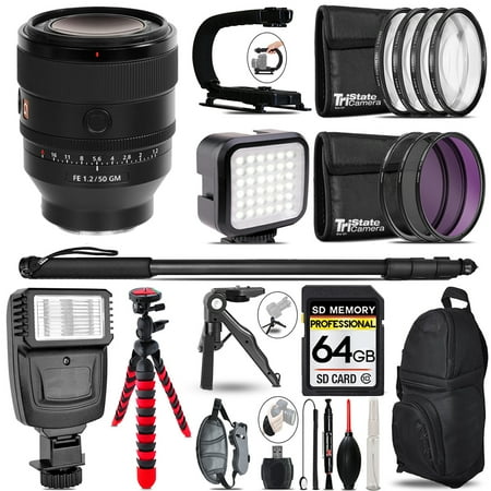 Sony FE 50mm f/1.2 GM Lens (Sony E) - Video Kit + Slave Flash + Monopad - 64GB Accessory Bundle