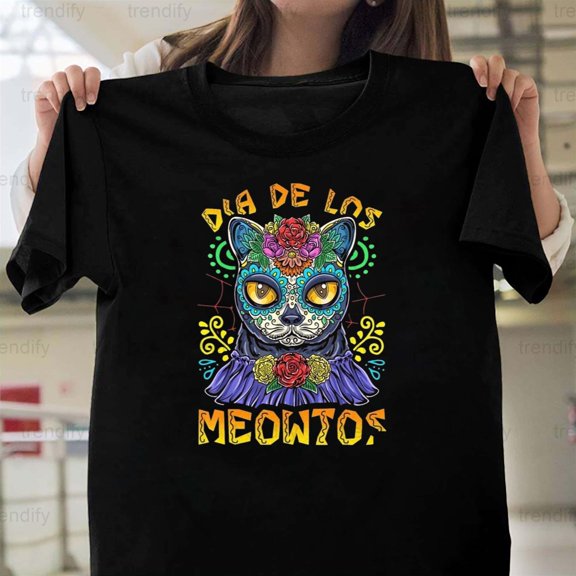 Day Of The Dead Cat Sugar Skull Dia De Los Muertos Themed Unisex T-Shirt, up to 5XL