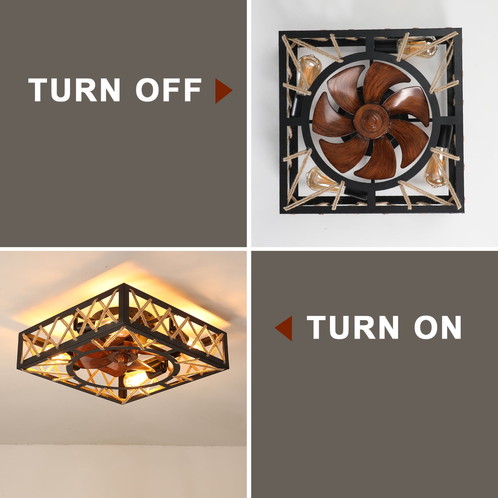 Leumius Farmhouse Rustic Ceiling Fan and Remote Control,Square Caged Industrial Ceiling Fixture with 6 Speeds & Noiseless DC Motor for Kitchen Dining Room Living Room Bedroom