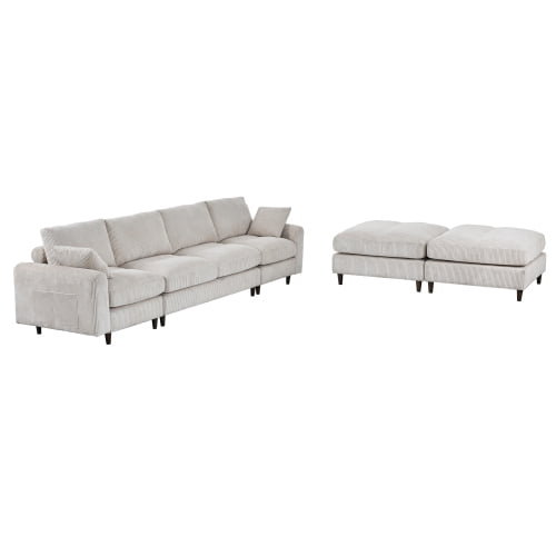 BSHTI Modern 6-Seat Corduroy Modular Sectional, U-Shape Convertible Couch with Ottoman, with Adjustable Head Pillows and Storage Pockets, Beige