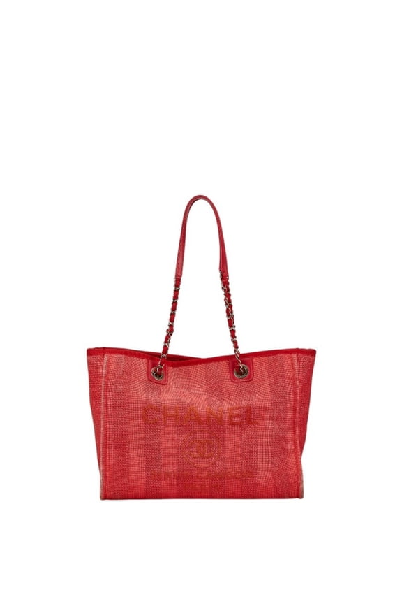 Pre-Owned CHANEL Deauville Tote MM Coco Mark Chain Bag in Red Canvas and Leather for... (Good)