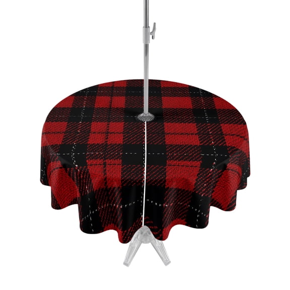 Outdoor Tablecloth with Umbrella Hole Zipper Red Black Buffalo Plaid Round Tablecloth 54" Waterproof Outside Table Cloth Farmhouse Geometric Checkered Patio Table Cover Tablecloths for Picnic Party
