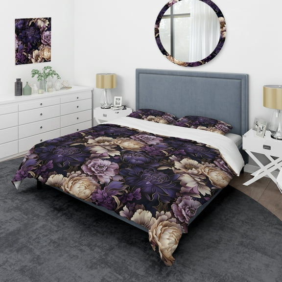 Designart "Moody Shadowed Blossoms" Purple Floral Bedding Covert Set - Cottage Bed Set With 2 Shams