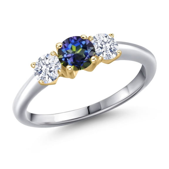 Gem Stone King 925 Silver and 10K Yellow Gold Blue Mystic Topaz and White Zirconia Engagement Ring for Women | 1.00 Cttw | Round 5MM | Gemstone November Birthstone | Size 7