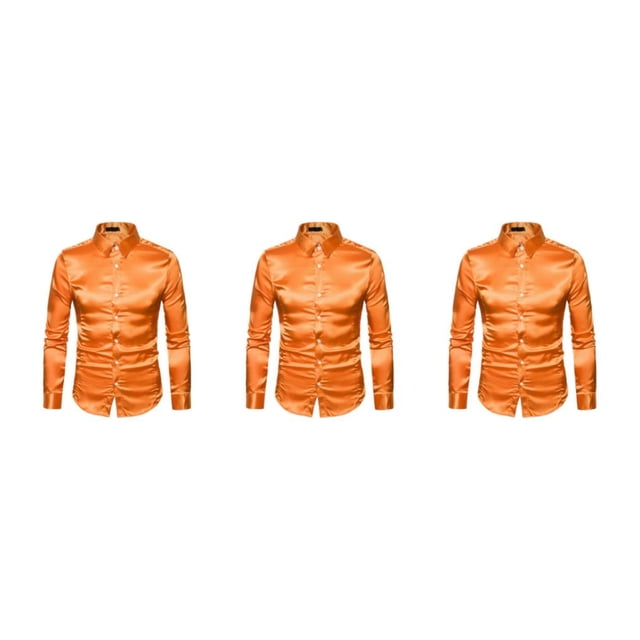 Sonducket Camisa transpirable para hombre Satén con mangas largas - Trabajo Boda o hogar Camisa para hombre Manga larga formal Naranja grande S Type1 NO1