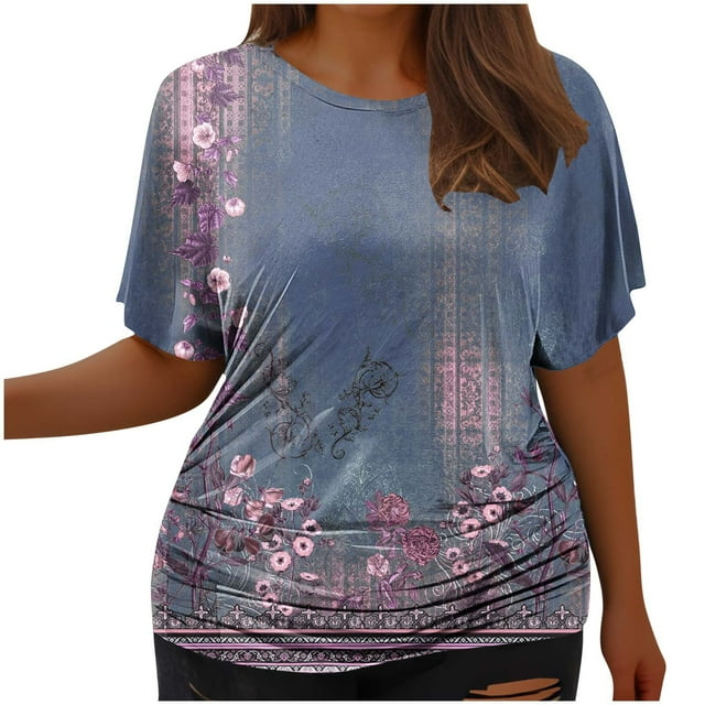 Tops Cortos para Mujeres, Cintura Plisada Cuello Redondo Tamaño Grande Camiseta de Manga Corta Top Casual Hecha de Estante de Imitación, Camisetas Casuales de Mujer
