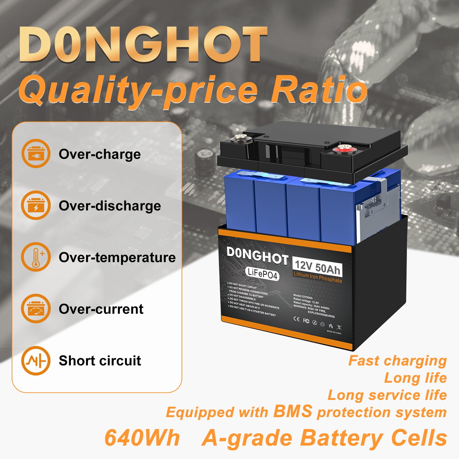 D0NGHOT 12V 50Ah LiFePO4 Lithium Ion Deep Cycle Marine Battery for Trolling Motor,Camping,Boat,Power Wheel Chair