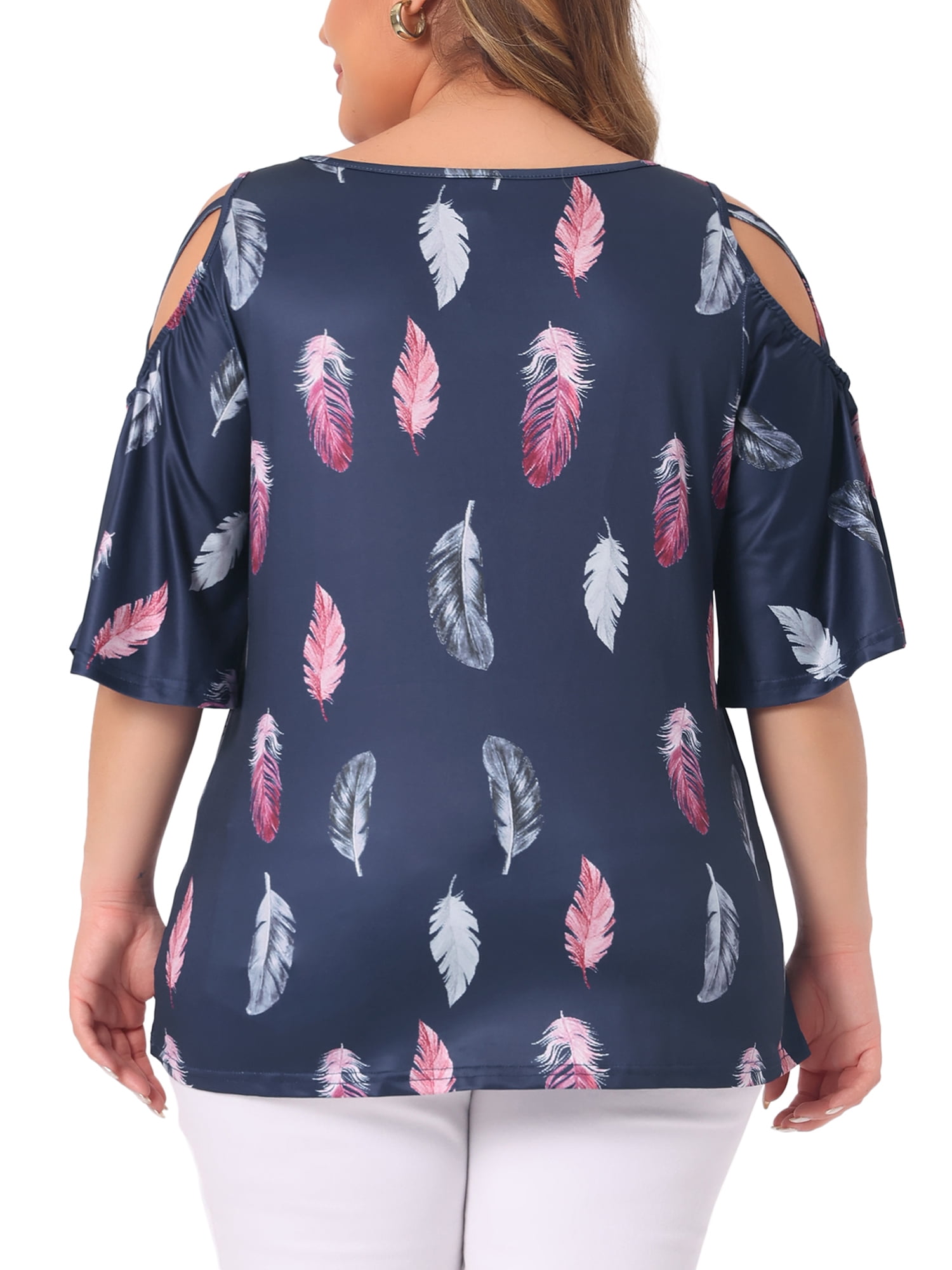 DARING DIVA Women's Plus Cold Shoulder Feather Round Neck Summer Tops 4X Navy Blue