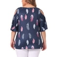 thumbnail image 4 of DARING DIVA Women's Plus Cold Shoulder Feather Round Neck Summer Tops 1X Navy Blue, 4 of 6