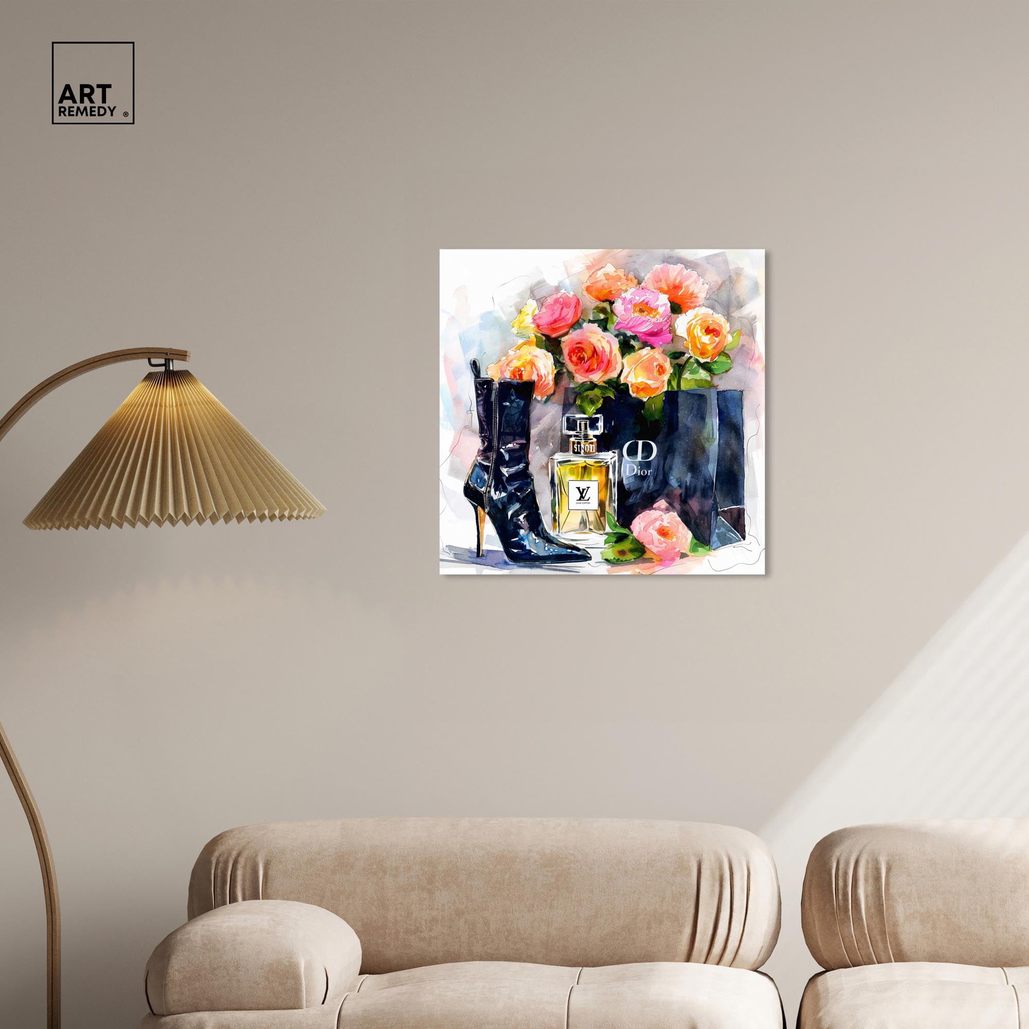 Boot with Perfume and Shopping Bag Canvas Fashion Art Prints by Art Remedy, Gallery Wrapped, 24" x 24"