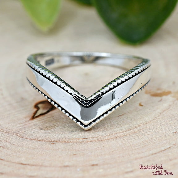 SS DESIGNS Bead Ball V Shape Chevron Ring, Solid 925 Sterling Silver Stackable Thumb Ring, High Polished Minimalist V Ring for Women, Dainty Silver Ring