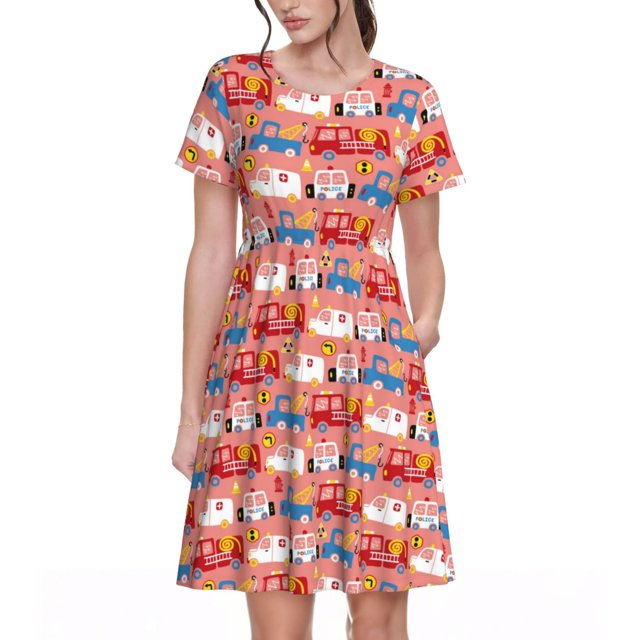 Easygdp Cartoon with Traffic Elements para Vestido Transpirable de Mujer, Vestido Suelto de Manga Corta con Pliegues y Bolsillos para el Verano