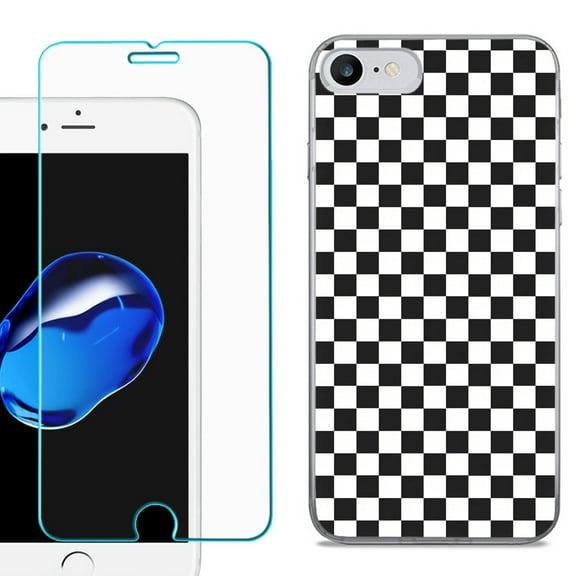 For Apple iPhone SE 2020 Case, Slim-Fit TPU Phone Case, with Tempered Glass Screen Protector, by OneToughShield ® - Checker B/W