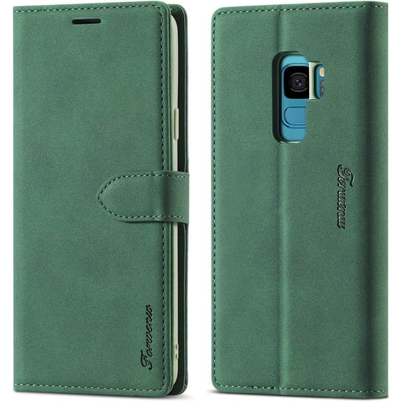Case for Samsung Galaxy S9, Vintage Wallet Folio Flip Cover Full Coverage Premium Leather Case with Magnetic Closure Kickstand Card Slots - Dark Green