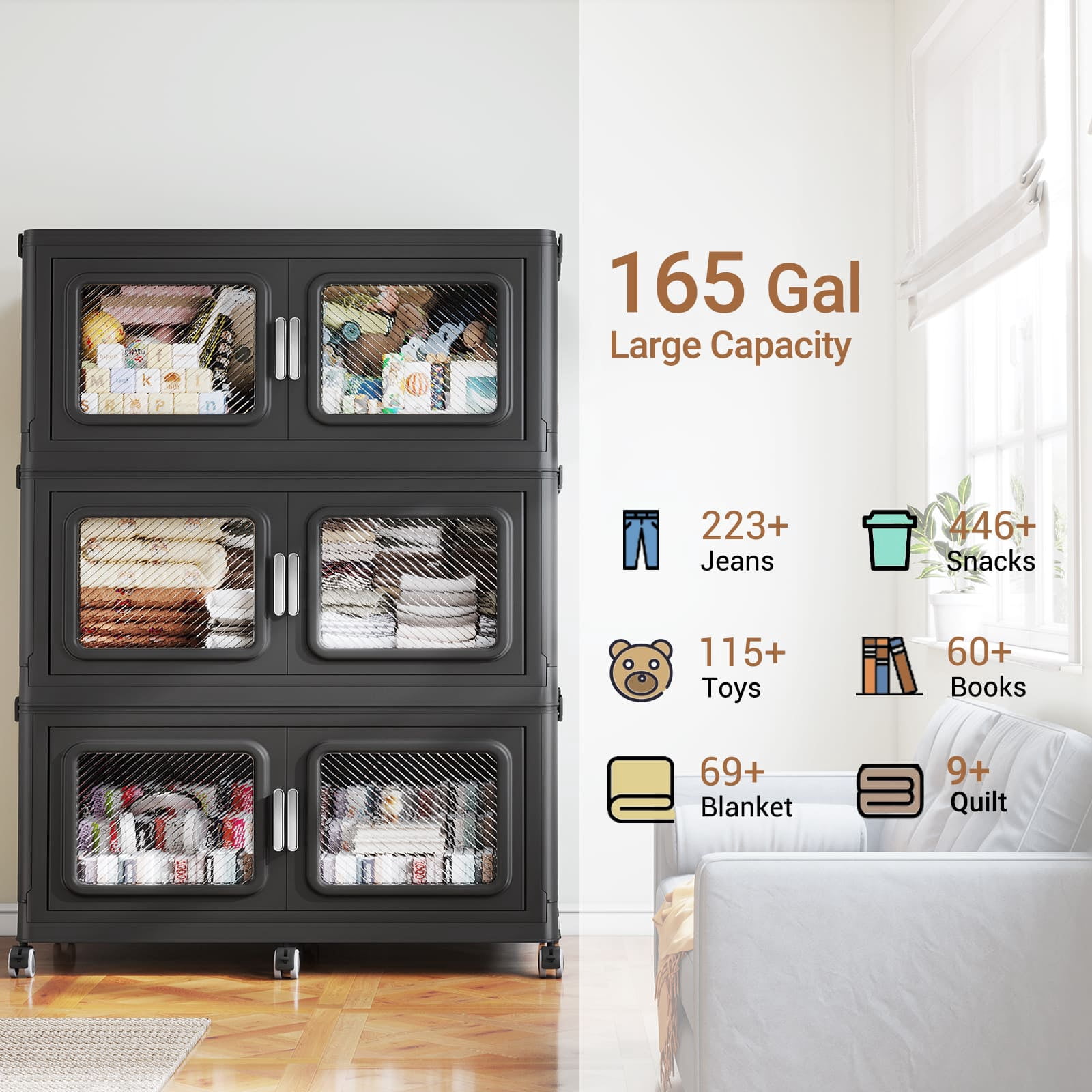 Broview 330 Gal Extra Large Stackable Storage Bins with Lids & Wheels - 1250 L - 1320Qt- Open Front Door for Home, Office, Clothes, Toys, Black