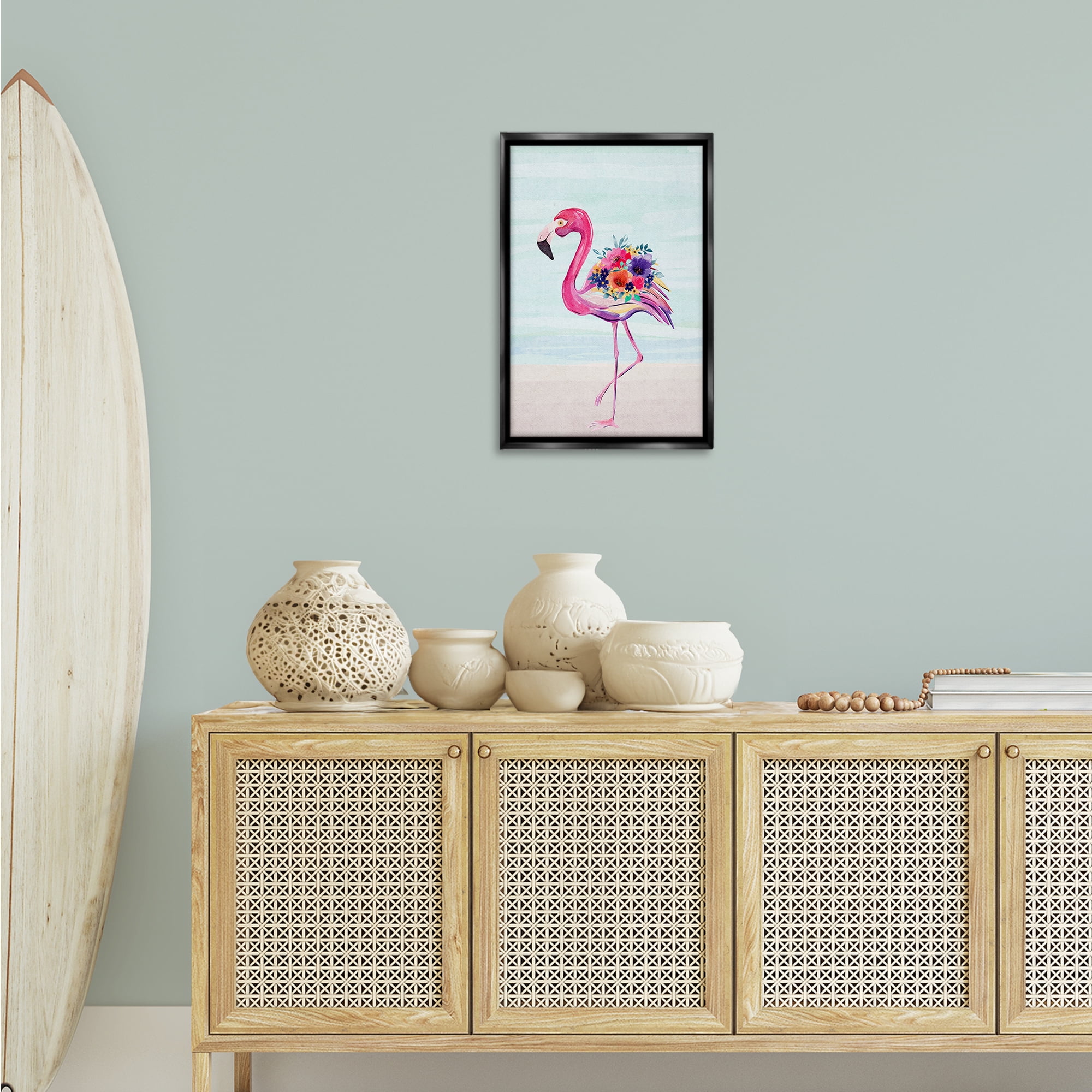 Stupell Industries Floral Flamingo Beach Plants & Flowers Painting Black Floater Framed Canvas Art Print Wall Art, 17 x 25