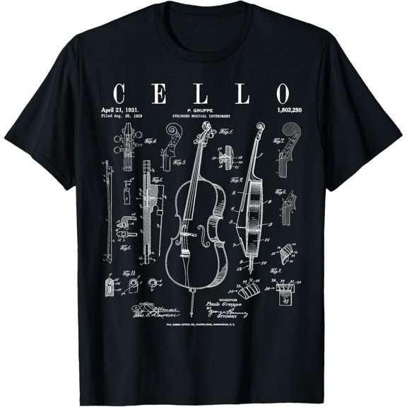 Cello Vintage Patent Cellist Drawing Print T-Shirt