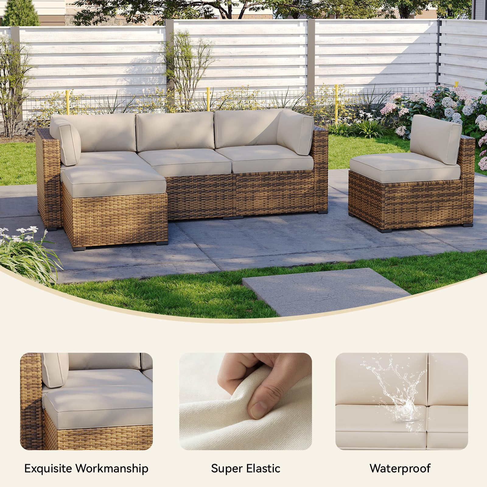 Clouddwell 11-Piece Outdoor Cushion Slipcovers Replacement for 5-Seat Wicker Sectional-Waterproof, Non-Slip Bottom (Beige)
