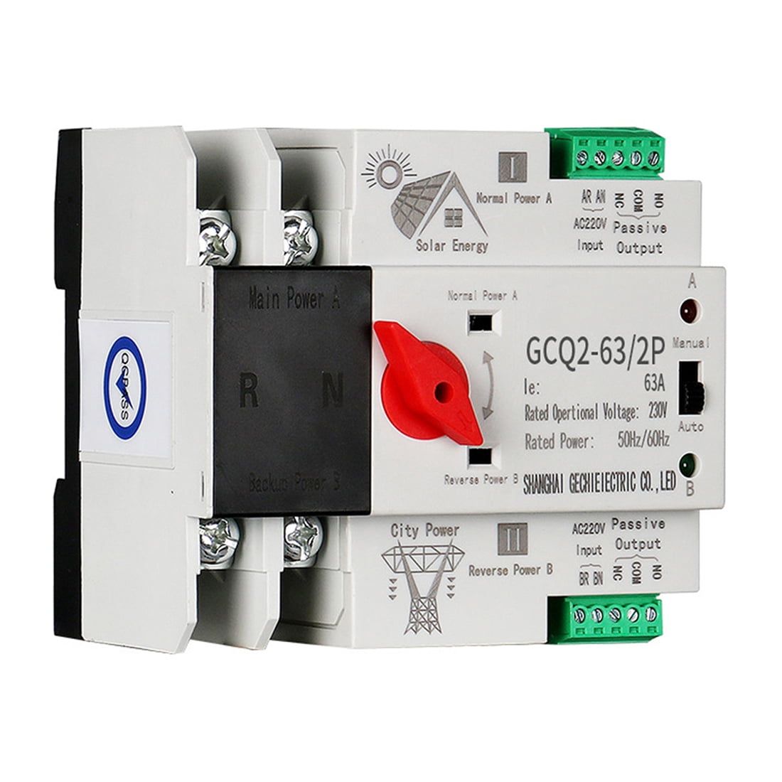 Photovoltaic Solar Power ATS Automatic Transfer Switch Din Rail 2P 63A AC220V ATS PV System Power to City Power
