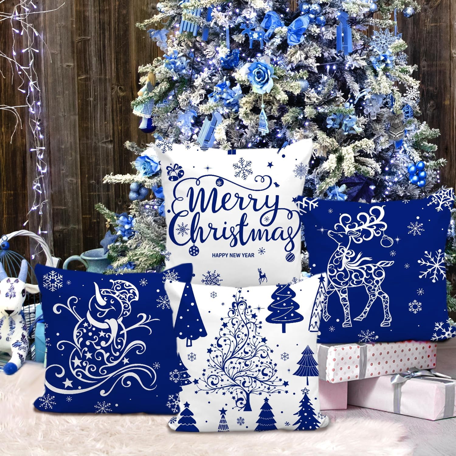 Blue Christmas Throw Pillow Covers 20x20 Set of 4 Christmas Decoration Trees Deer Snowman Merry Christmas Decorative Holiday Farmhouse Pillow Covers for Holiday Christmas Decoration
