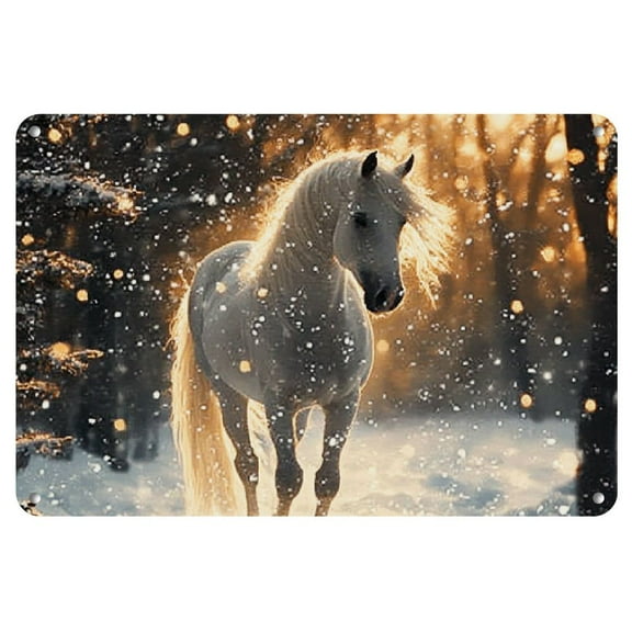 Festive Metal Christmas Painting with Tree, White Horse, Snow, and Stars - Ideal for Home, Office, Bedroom, Living Room Decor or Gifts, 12x8 inch, Christmas Decorations, Gifts, Perfect for Room Decor