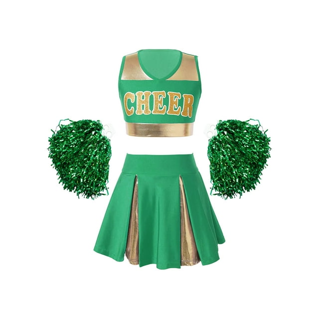 Runhomal Kids Girls Cheer Leader Costume Halloween Cheerleading Team Rooter Uniform Set Crop Top with Pleated Skirt E#Green15 10