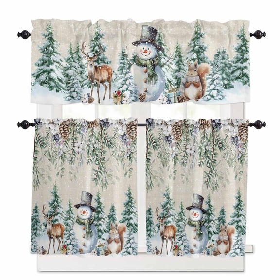 Winter Christmas Kitchen Curtains and Valances Set, Snowman Squirrel Christmas Tree Berry Linen Rod Pocket Window Valance Window Curtain Panels for Living Room Bedroom Laundry, 27.5x24in, 3 Pieces