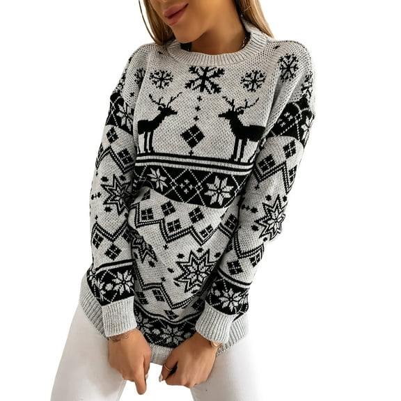 Women Christmas Sweaters Long Sleeve Elk Snowflake Print Knit Tops