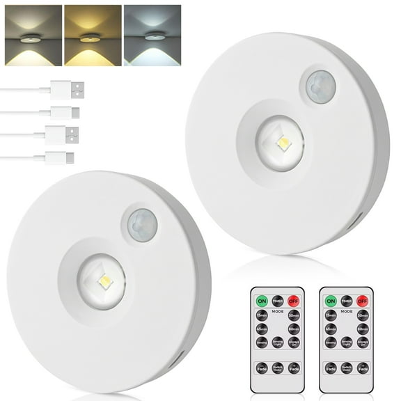 Eyotto 2 Pack Magnetic Cabinet Lights, Motion Sensor Under Cabinet Light with 3 Lighting Colors, Rechargeable Magnetic Round LED Closet Light, Remote Control Light for Living Room Bedroom