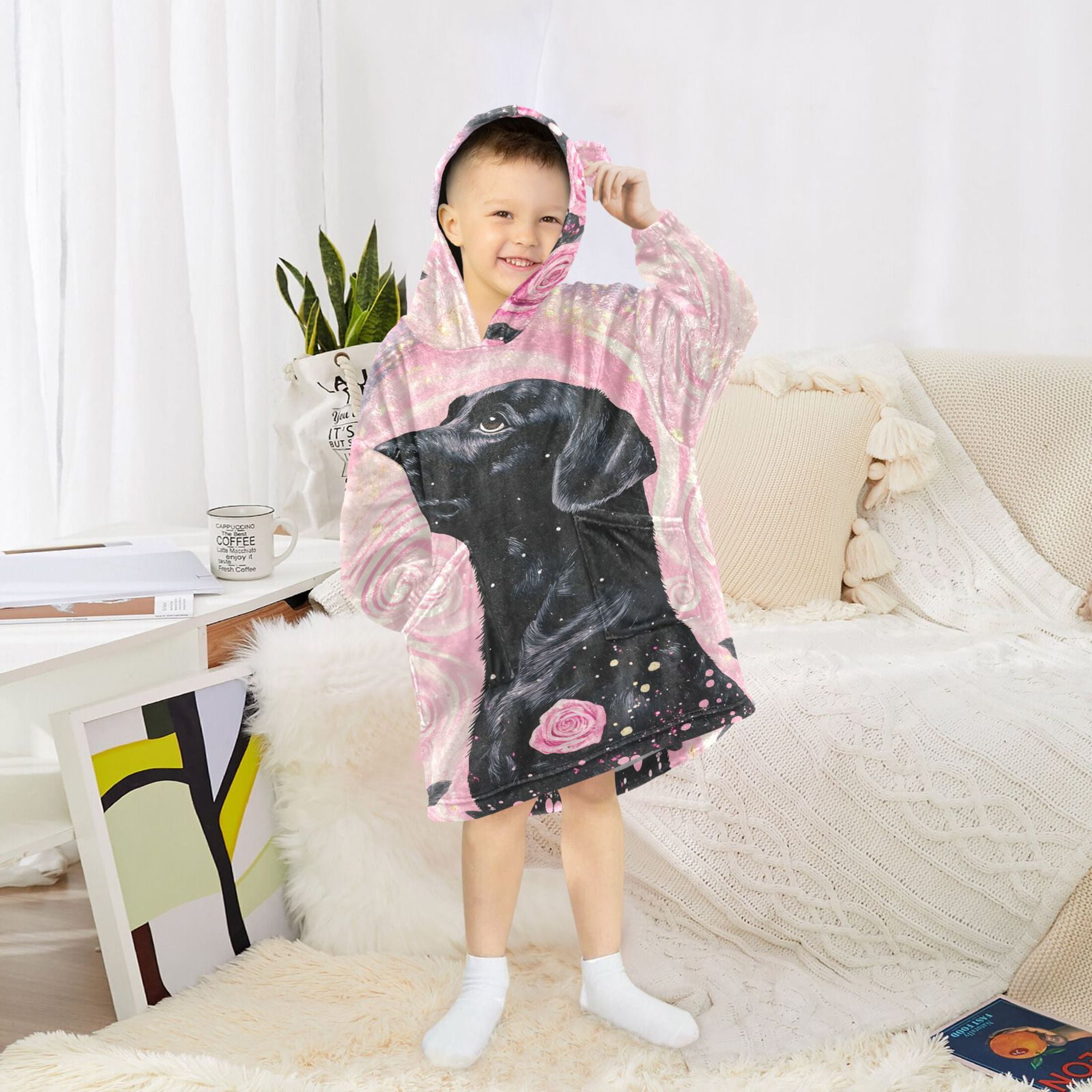 joogoo Wearable Blanket Hoodie Dog in Swirl Flower for Flannel Sherpa Pocket 3-14 YR L