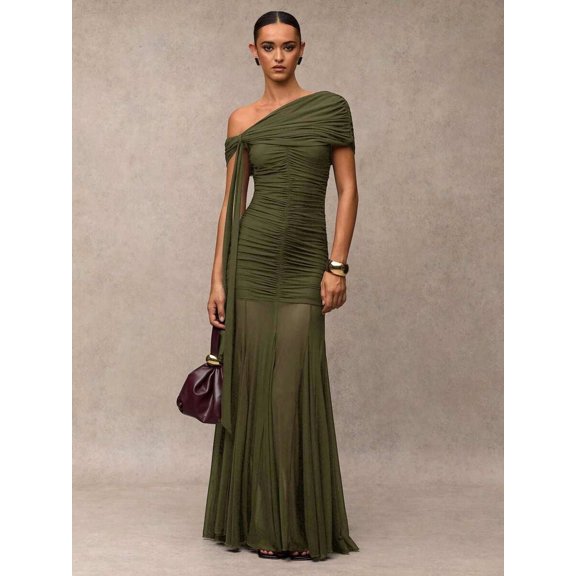 Green One-Shoulder Ruched Maxi Dress Formal Evening Gown