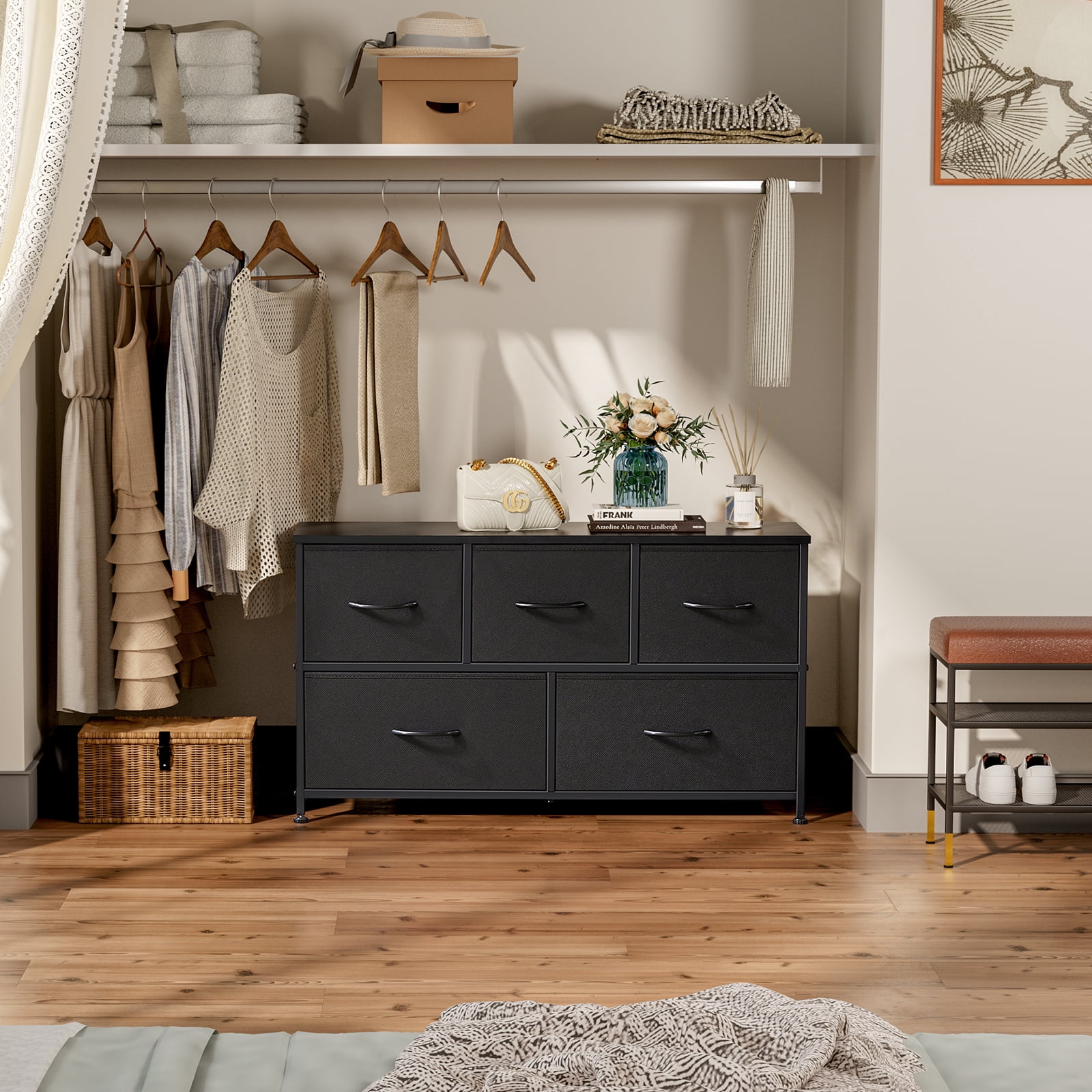 CONCETTA Dresser 5 Fabric Storage Drawer Dresser, TV Stand, Chest of Drawers for Bedroom, Closet, Entryway, Living Room, Black
