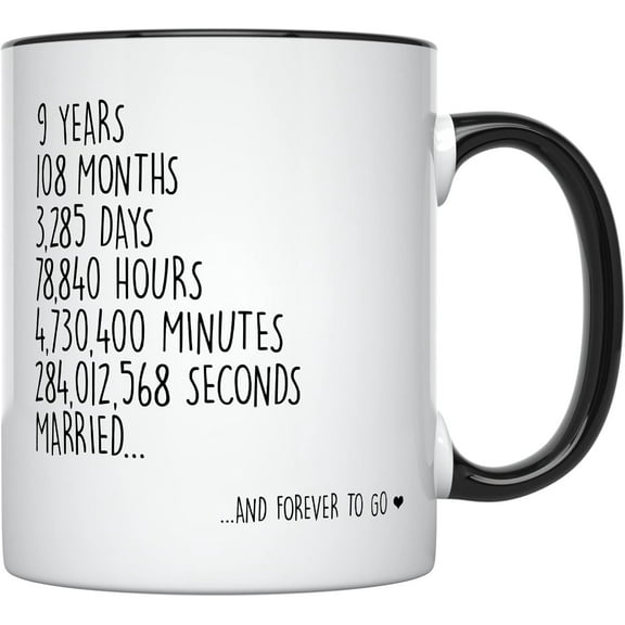 YouNique Designs 9 Year Anniversary Mug, 11 Ounces, Funny 9th Anniversary Coffee Mug for Him, Ninth Year Pottery Anniversary Cup, 9th Wedding Anniversary Cup for Husband and Wife (White)