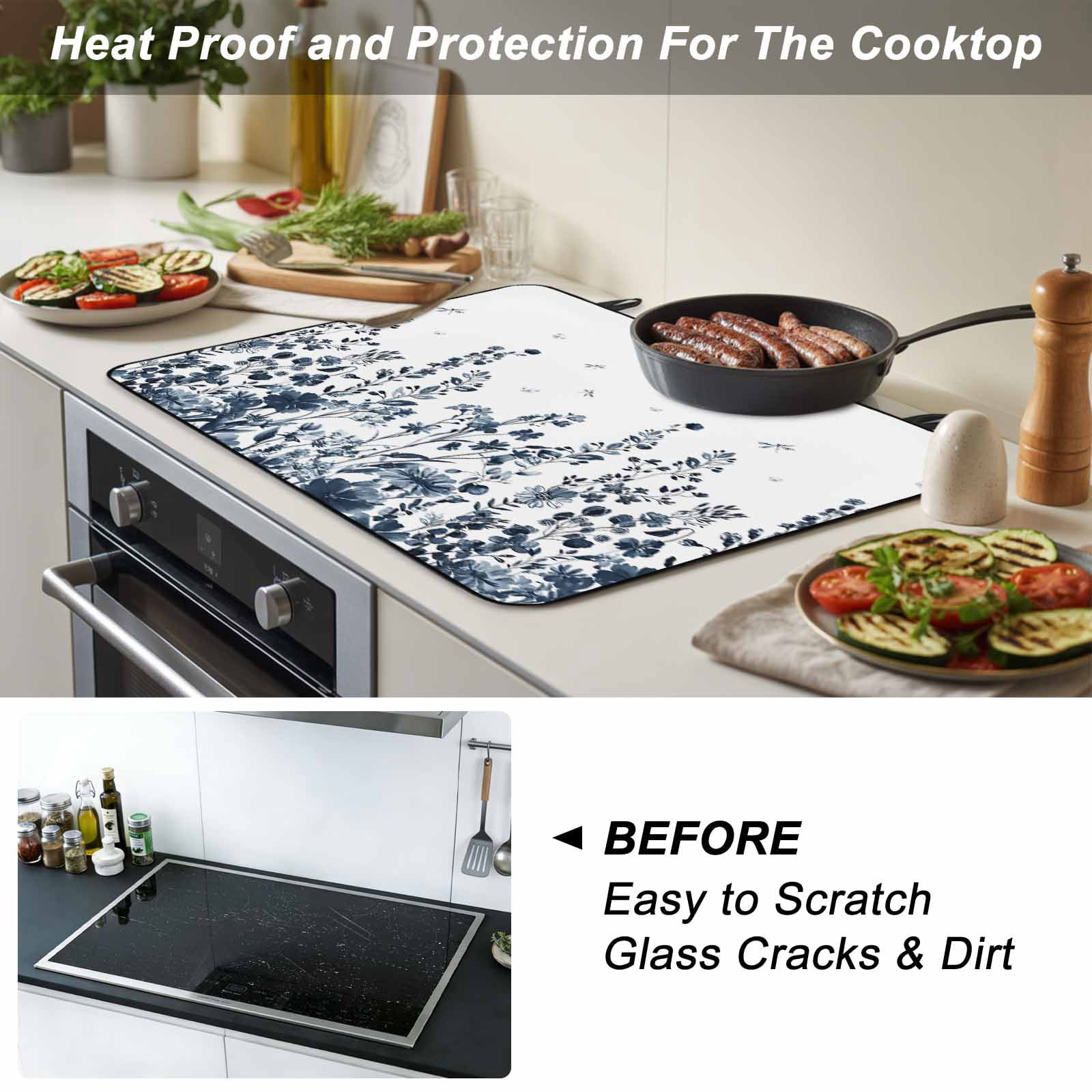 Blue Botanical Stove Top Cover for Electric Stove, Heat-proof & Non Slip Glass Top Stove Cover Protector, Dragonfly Flower Leaf Retro Ink Style Kitchen Flat Cooktop Rubber Mat 24x21 Inches