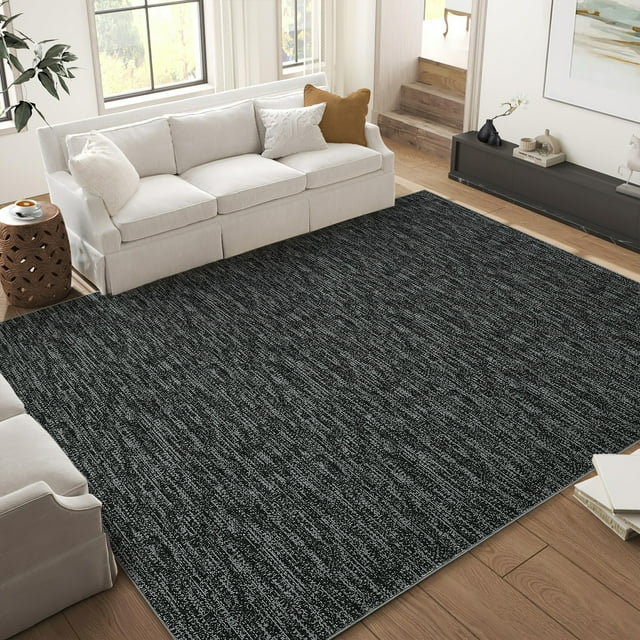 Gaderth Washable 5x7 Area Rug, Black Neutral Low Pile Faux Wool Carpet, Non Slip Stain Resistant Minimalist Living Room Rug for Bedroom, Dining Room, Nursery, High Traffic Areas