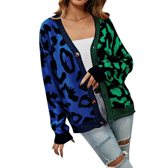 Womens Long Sleeve Rainbow Button Cardigan Leopard Print Colorblock Casual V Neck Loose Knit Sweater Top