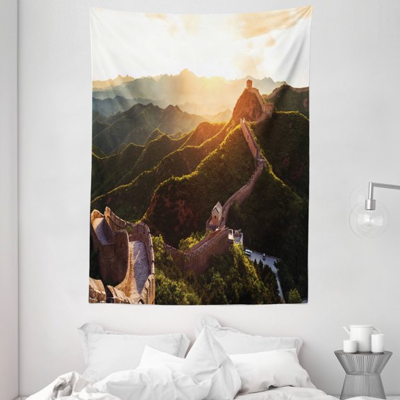 Great Wall of China Tapestry, Historical Structure at Sunset Time with Hazy Mystic Image Print, Wall Hanging for Bedroom Living Room Dorm Decor, 60W X 80L Inches, Yellow Green, by Ambesonne