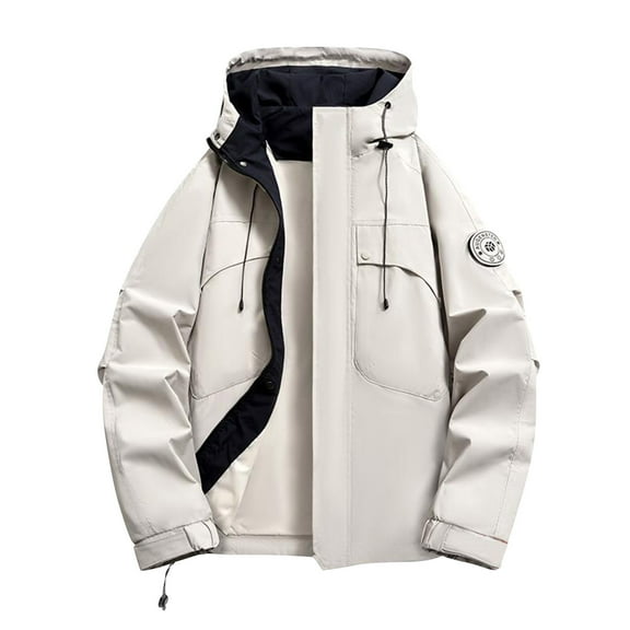 RYDCOT Men's Warm Jacket Winter Solid Color Long Sleeved Hooded Workwear Coat Waterproof Hooded Jacket White
