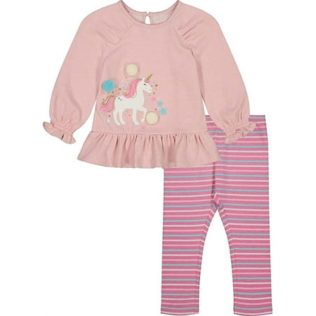 Kids Headquarters Girls Pom Pom Unicorn Tunic & Stripe Legging Set Pink 18 Months