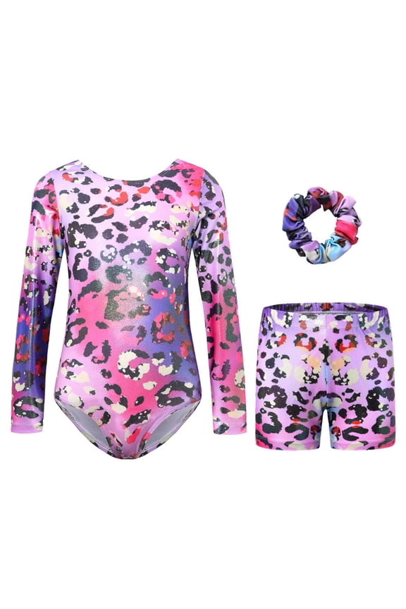 Toddler Girl's Gold Foil Gradient Pattern Gymnastics Dance Leotard Set With Long Sleeve Tight Top Shorts And Hairband Purple 5 Y-6 Y