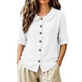 thumbnail image 4 of VBVC Women's Cotton Linen Button Down Shirt , Ladies' Peter Pan Collar Short Sleeve Blouse , Casual Summer Work Tops For Women, S-2XL, 4 of 6
