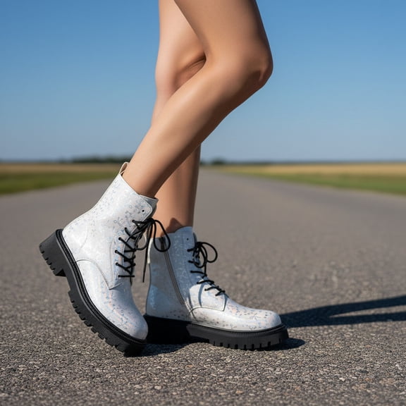 Taylonsss Women's Round Toe Front Lace-Up Side Zipper Low Heel Chunkys Sole Ankle Boots with Holographic Bow Print for Winter Comfortable All-Day Wear Fashionable Casual Boots