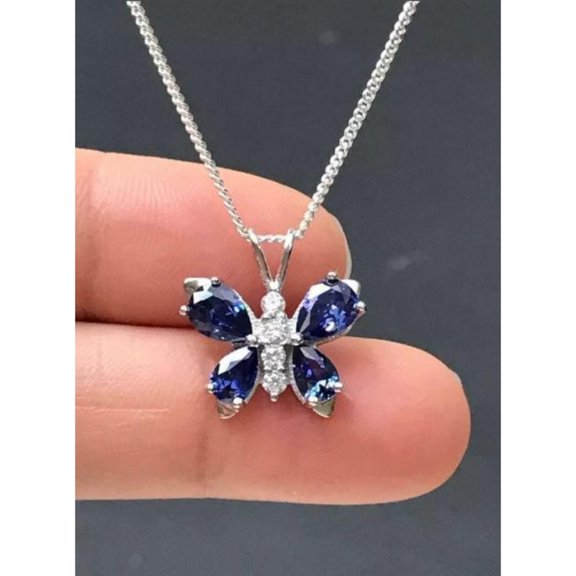 Luxe Nature-Inspired Butterfly Pendant Necklace Gift For Women Blue Sapphire Marquise Cut 14K Rose Gold Over 925 Silver